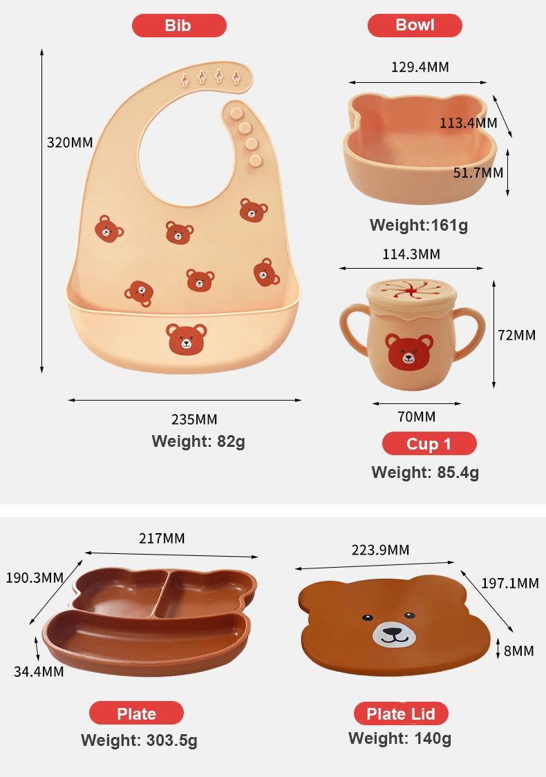 7 PCS Bear Face Food Plate Set with Cups and Spoons with Toddlers - Twisoo