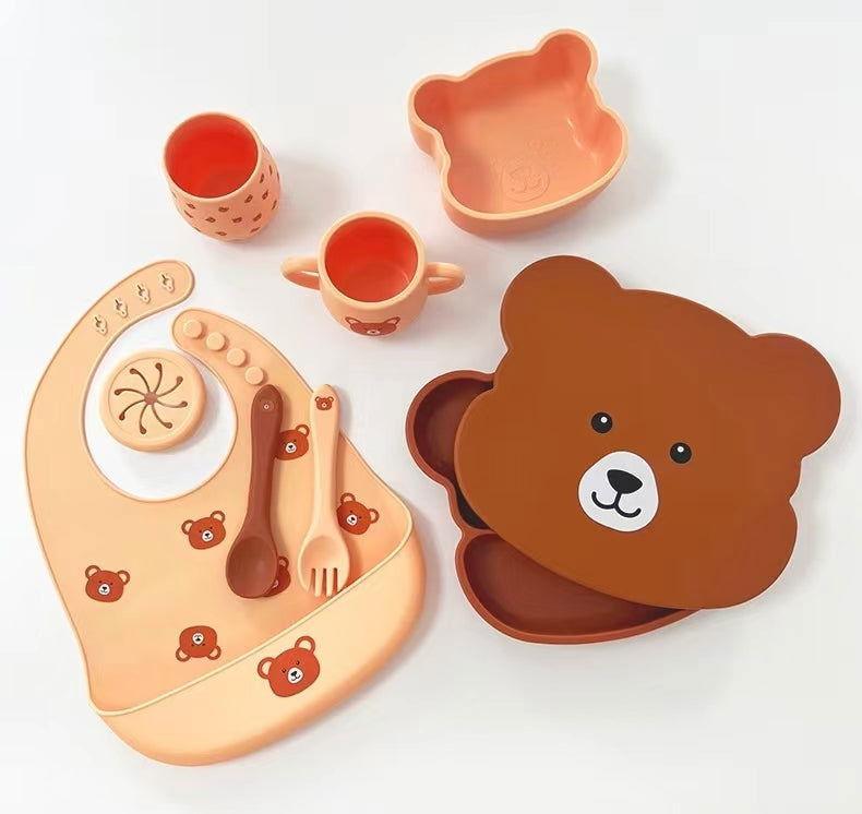 7 PCS Bear Face Food Plate Set with Cups and Spoons with Toddlers - Twisoo