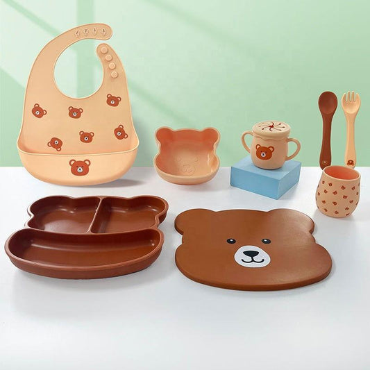 7 PCS Bear Face Food Plate Set with Cups and Spoons with Toddlers - Twisoo