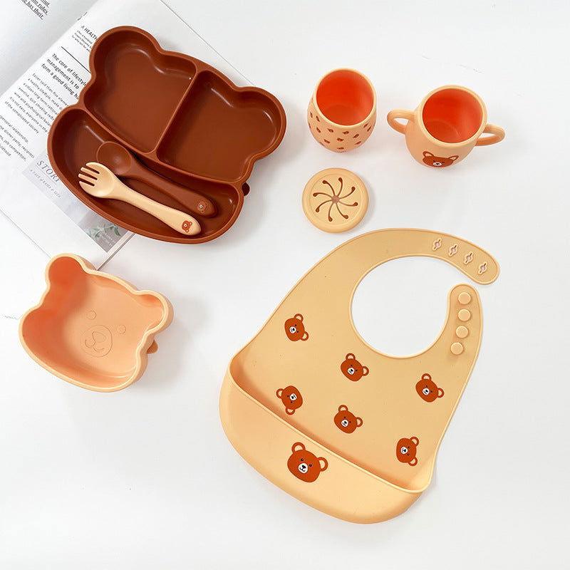 7 PCS Bear Face Food Plate Set with Cups and Spoons with Toddlers - Twisoo