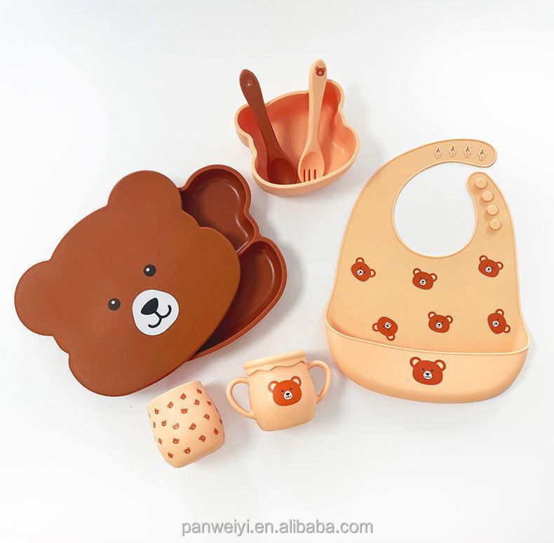 7 PCS Bear Face Food Plate Set with Cups and Spoons with Toddlers - Twisoo