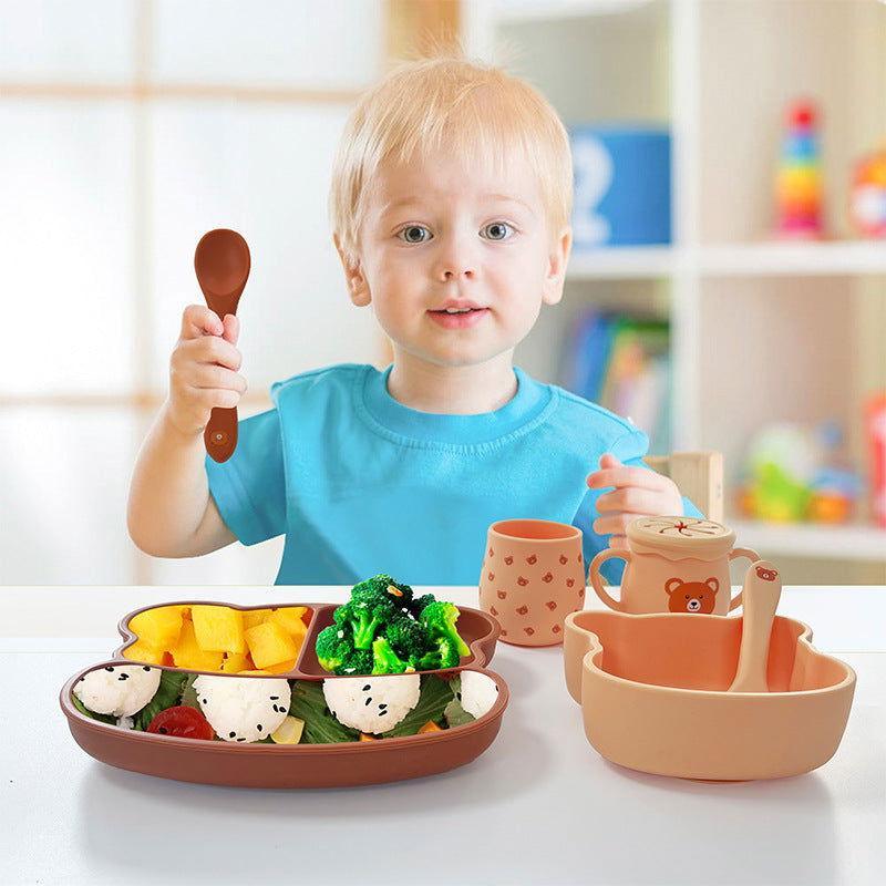 7 PCS Bear Face Food Plate Set with Cups and Spoons with Toddlers - Twisoo
