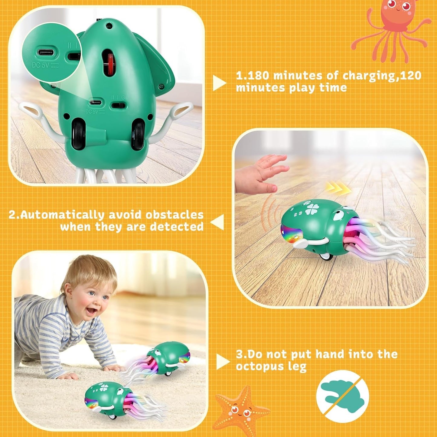 Electric Crawling Octopus Tummy Time Baby Toy