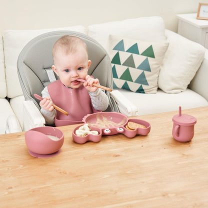 9 PCS Food Plate Set with Cup and Wooden Spoon for Early Educational Feeding - Twisoo