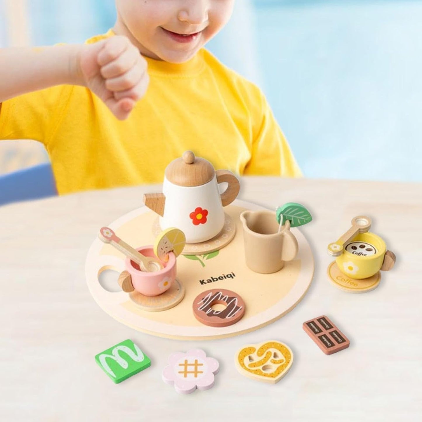 Cabecchi 12-Piece Wooden Tea Set Toy for Kids– Cute Pretend Play