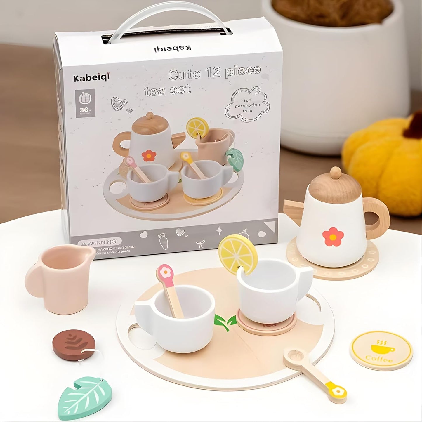 Cabecchi 12-Piece Wooden Tea Set Toy for Kids– Cute Pretend Play