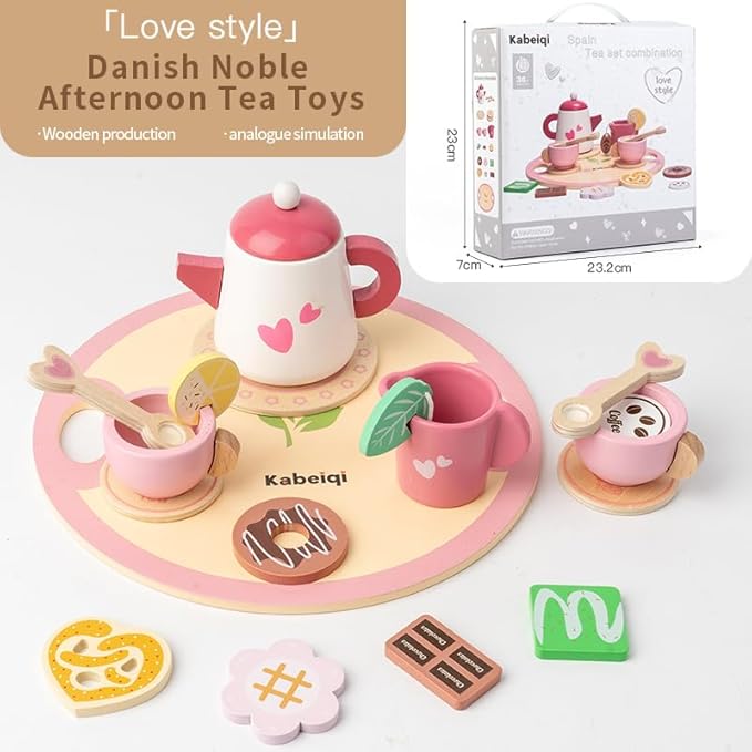 Cabecchi 12-Piece Wooden Tea Set Toy for Kids– Cute Pretend Play