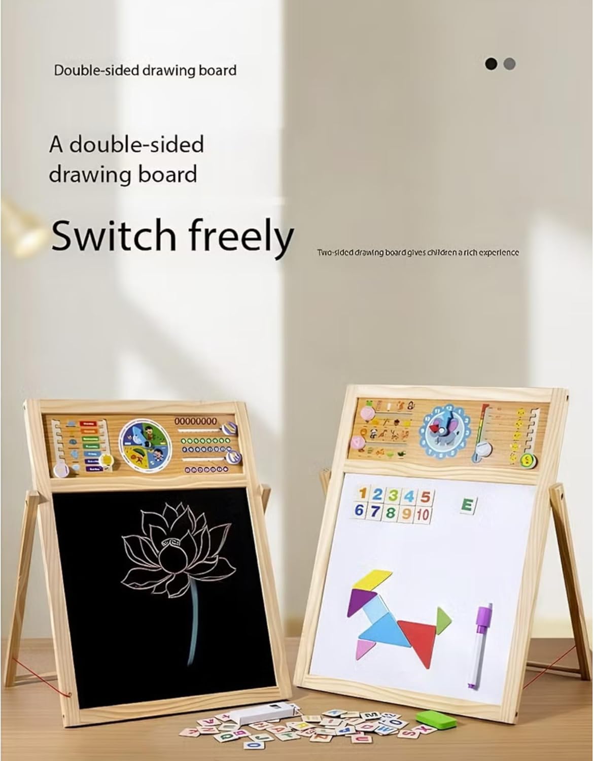 Kids Double-Sided Wooden Art Easel with Magnetic Black & White Board