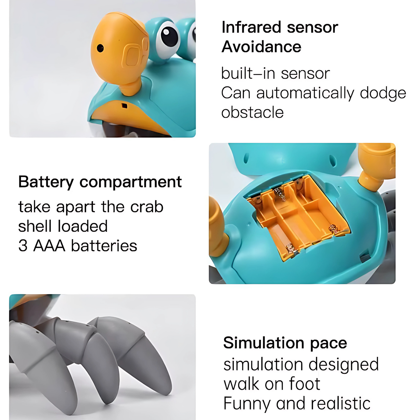 Runaway Crab Rechargeable Toy with Obstacle Sensor, Music and 2-Sided Walks