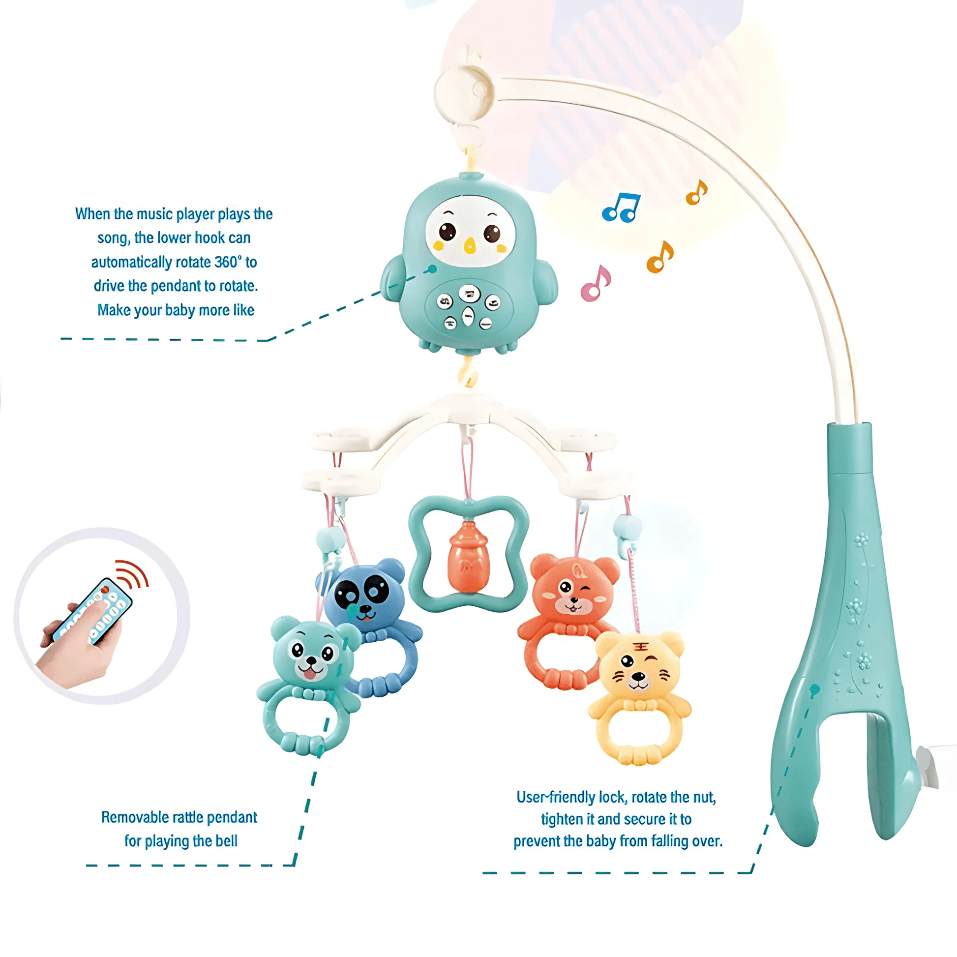 Baby Crib Mobile with Music & Remote – 360° Rotating(Hanging Rattle Toy) - Twisoo