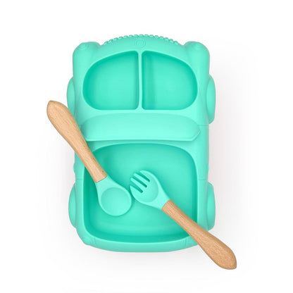 Baby Food Plate - Car Design with Wooden Spoon for Babies and Kids - Twisoo
