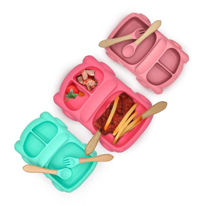 Baby Food Plate - Car Design with Wooden Spoon for Babies and Kids - Twisoo