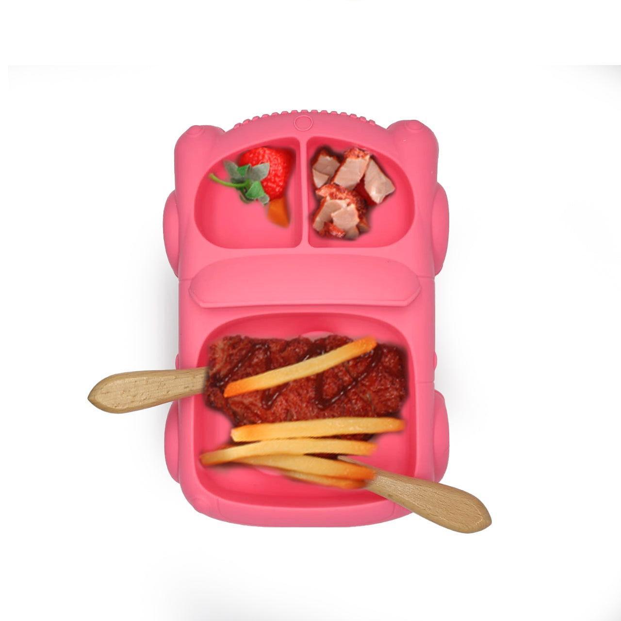 Baby Food Plate - Car Design with Wooden Spoon for Babies and Kids - Twisoo