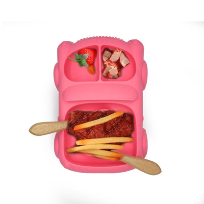Baby Food Plate - Car Design with Wooden Spoon for Babies and Kids - Twisoo
