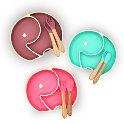 Baby Food Plate - Elephant Design with Wooden Spoon - Twisoo