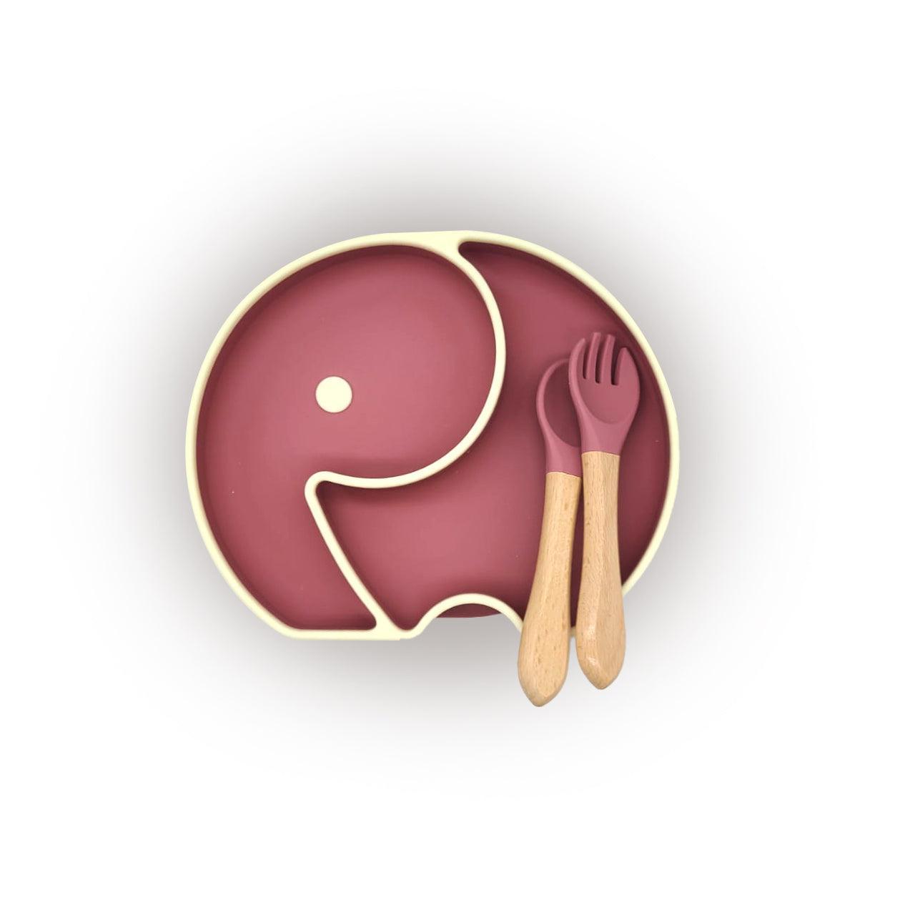 Baby Food Plate - Elephant Design with Wooden Spoon - Twisoo