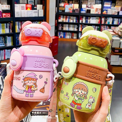 Bear Design Stainless Steel Water Bottle for Kids with Portable Strap 🐻 - Twisoo