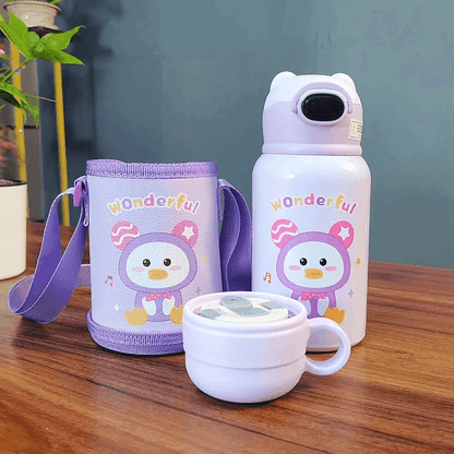 Cute Cartoon Stainless Steel School Water Bottle for Kids with Temperature Display with Portable Strap - Twisoo
