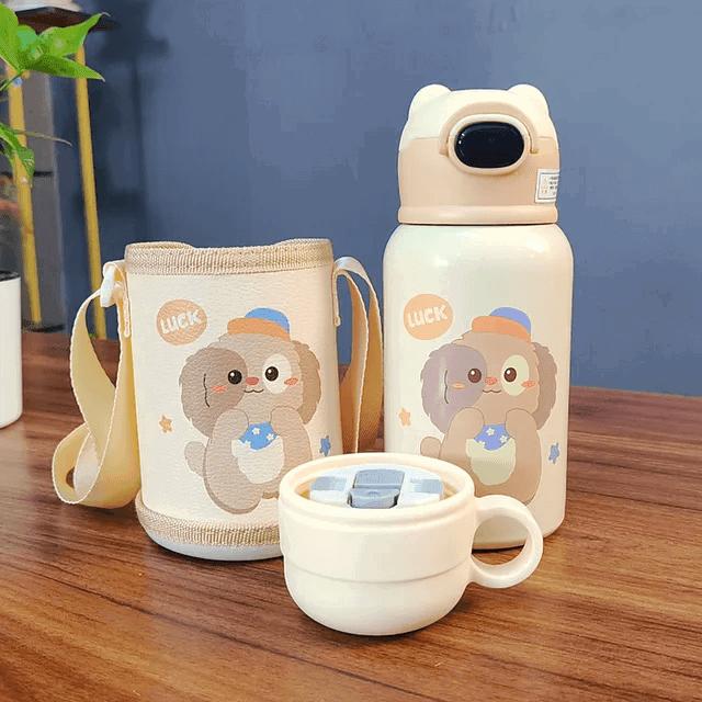 Cute Cartoon Stainless Steel School Water Bottle for Kids with Temperature Display with Portable Strap - Twisoo