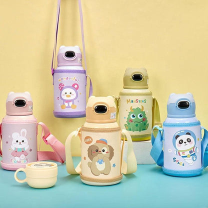 Cute Cartoon Stainless Steel School Water Bottle for Kids with Temperature Display with Portable Strap - Twisoo