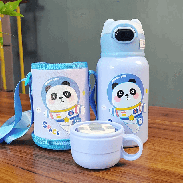 Cute Cartoon Stainless Steel School Water Bottle for Kids with Temperature Display with Portable Strap - Twisoo