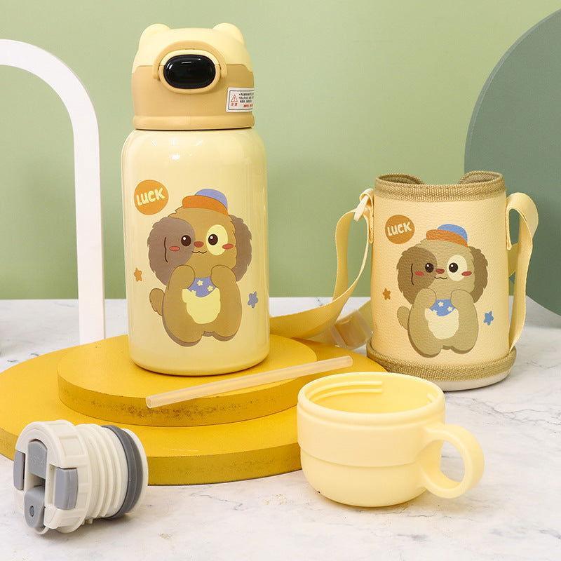Cute Cartoon Stainless Steel School Water Bottle for Kids with Temperature Display with Portable Strap - Twisoo