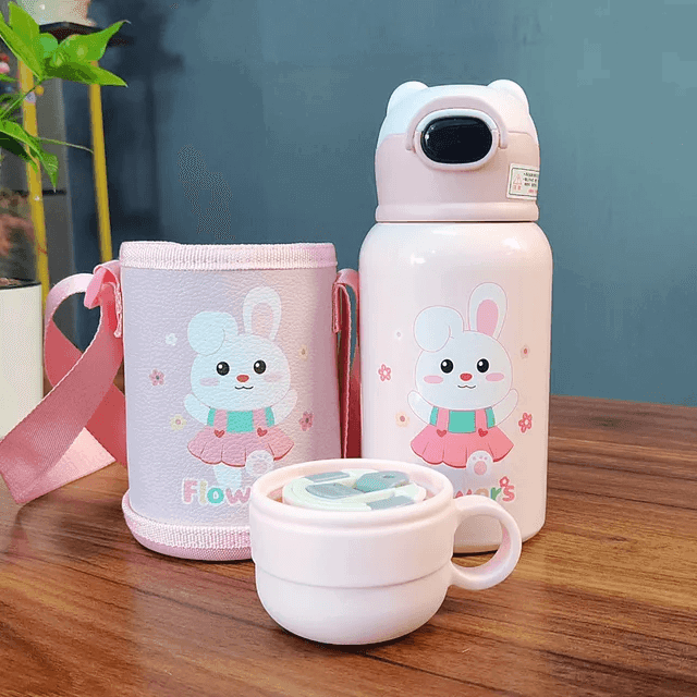Cute Cartoon Stainless Steel School Water Bottle for Kids with Temperature Display with Portable Strap - Twisoo