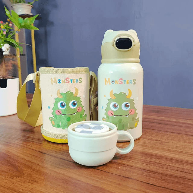 Cute Cartoon Stainless Steel School Water Bottle for Kids with Temperature Display with Portable Strap - Twisoo