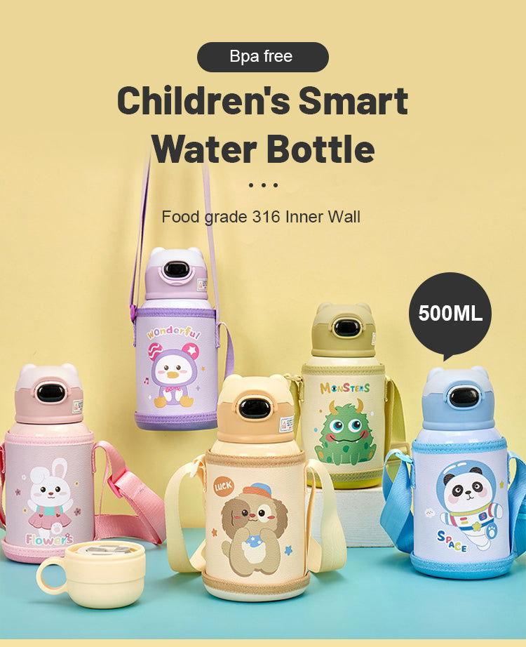 Cute Cartoon Stainless Steel School Water Bottle for Kids with Temperature Display with Portable Strap - Twisoo