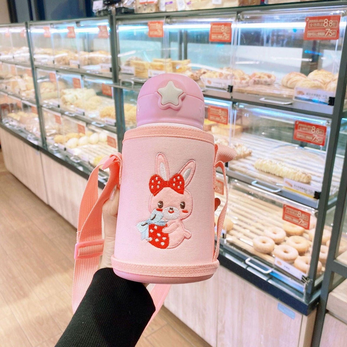 Cute Cat Stainless Steel School Water Bottle for Kids with Portable Strap - Twisoo